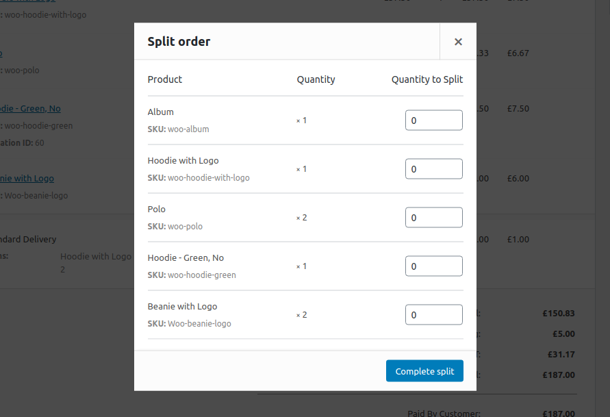 Split orders modal to choose line item quantities