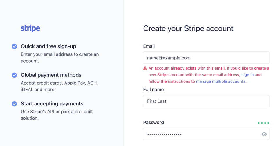 Stripe sign-up - account already exists with this email.