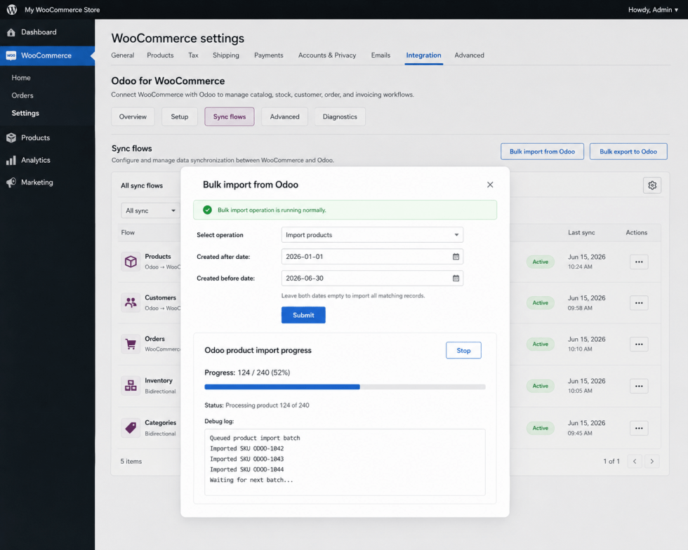 Odoo for WooCommerce bulk import window showing product import date filters, progress status, Stop control, and debug log during an Odoo product import.