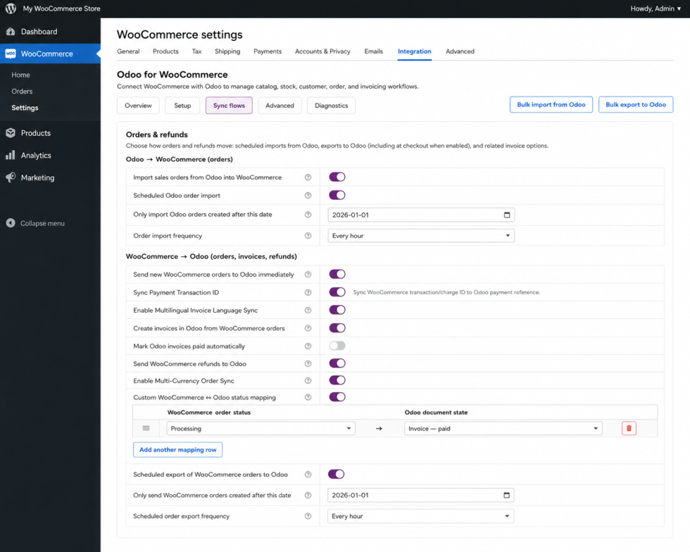 Odoo for WooCommerce bulk import window showing product import date filters, progress status, Stop control, and debug log during an Odoo product import.