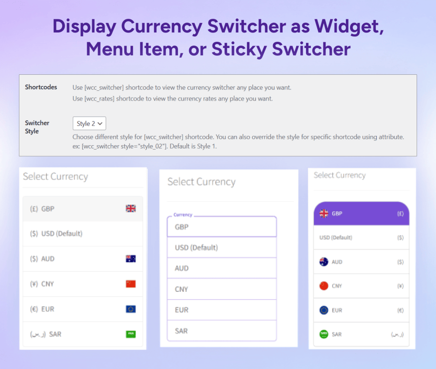 Display Currency Switcher as Widget, Menu Item, or Sticky Switcher - Currency Switcher for WooCommerce
