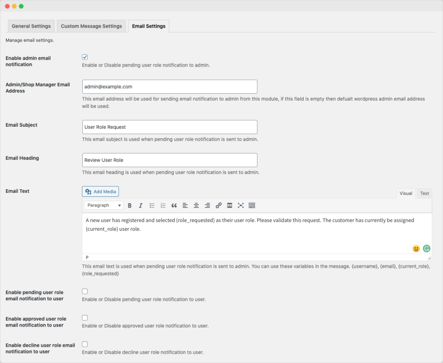 Email settings for user roles