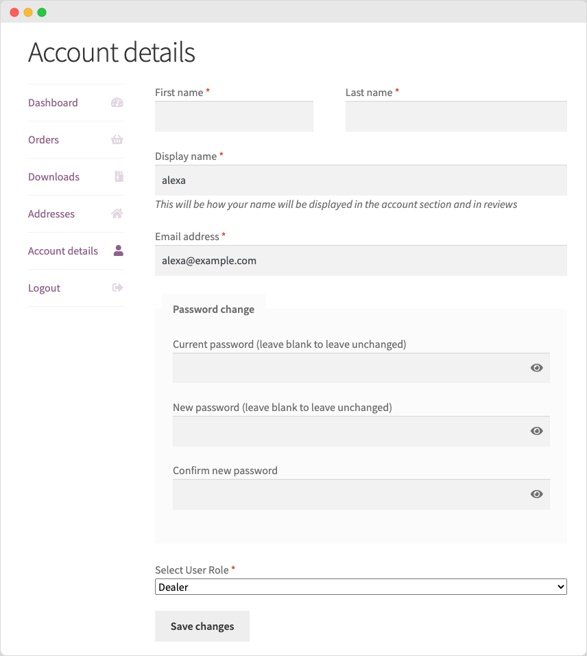 User role dropdown in my account page woocommerce