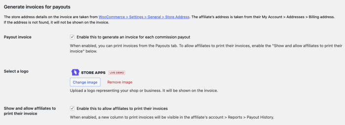 Affiliate settings - payout invoice