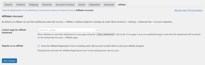 affiliate settings - affiliate's account