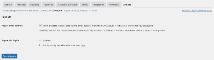 affiliate settings - payouts