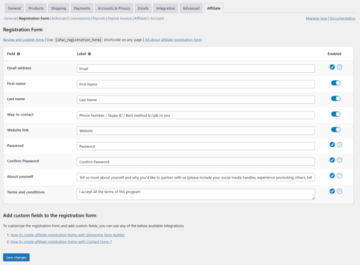 registration form fields