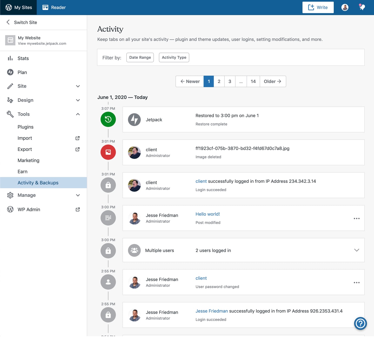 view of the jetpack activity log