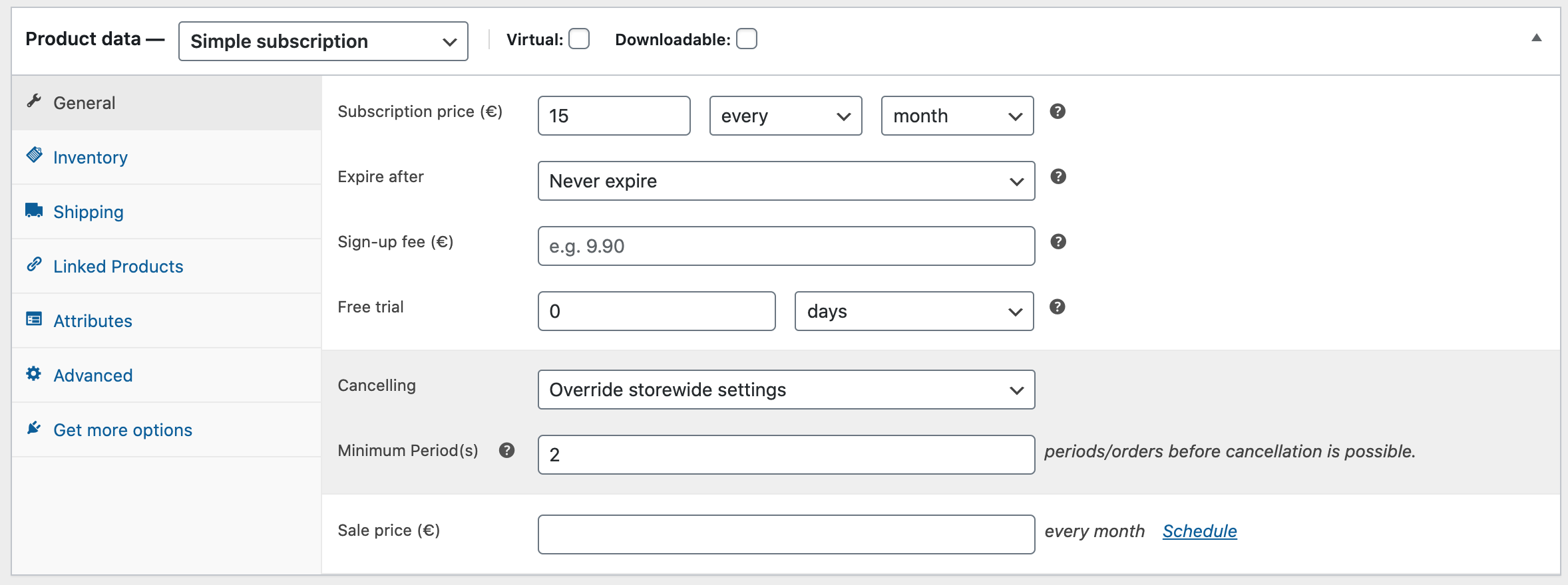 Minimum period settings on a per-subscription product basis.