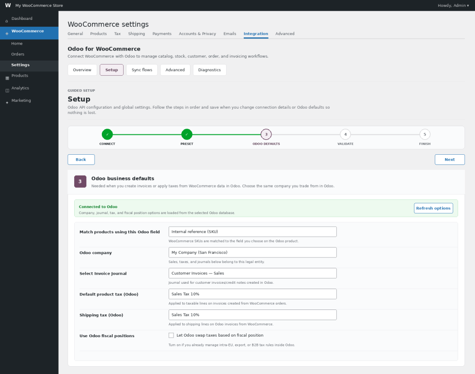 Odoo for WooCommerce Odoo business defaults showing product matching, company, invoice journal, product tax, shipping tax, and fiscal position settings.