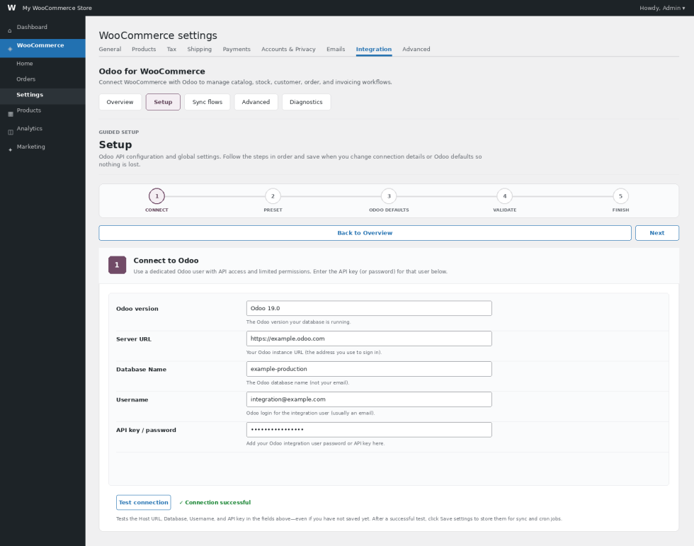 Odoo for WooCommerce Setup screen showing Odoo version, server URL, database name, username, API key, and Test connection settings