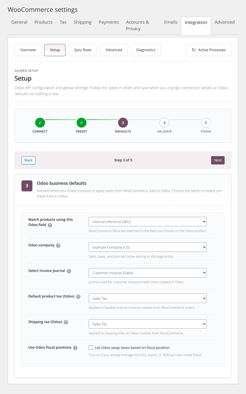 Odoo set-up business defaults screenshot