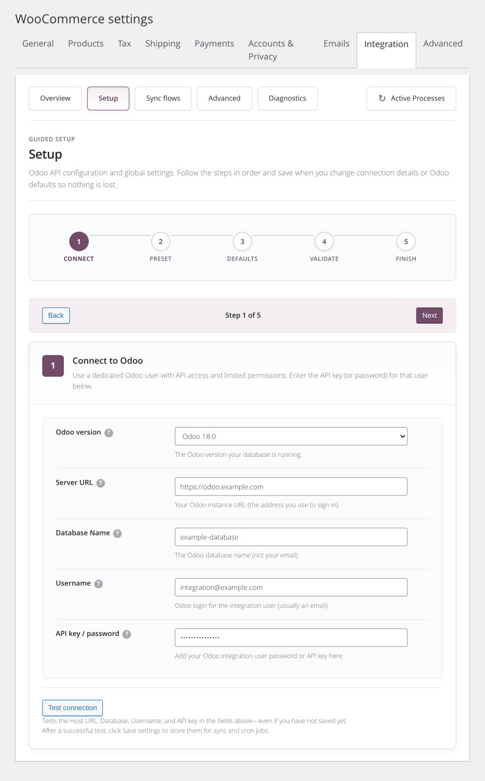 Odoo set-up screen values screenshot