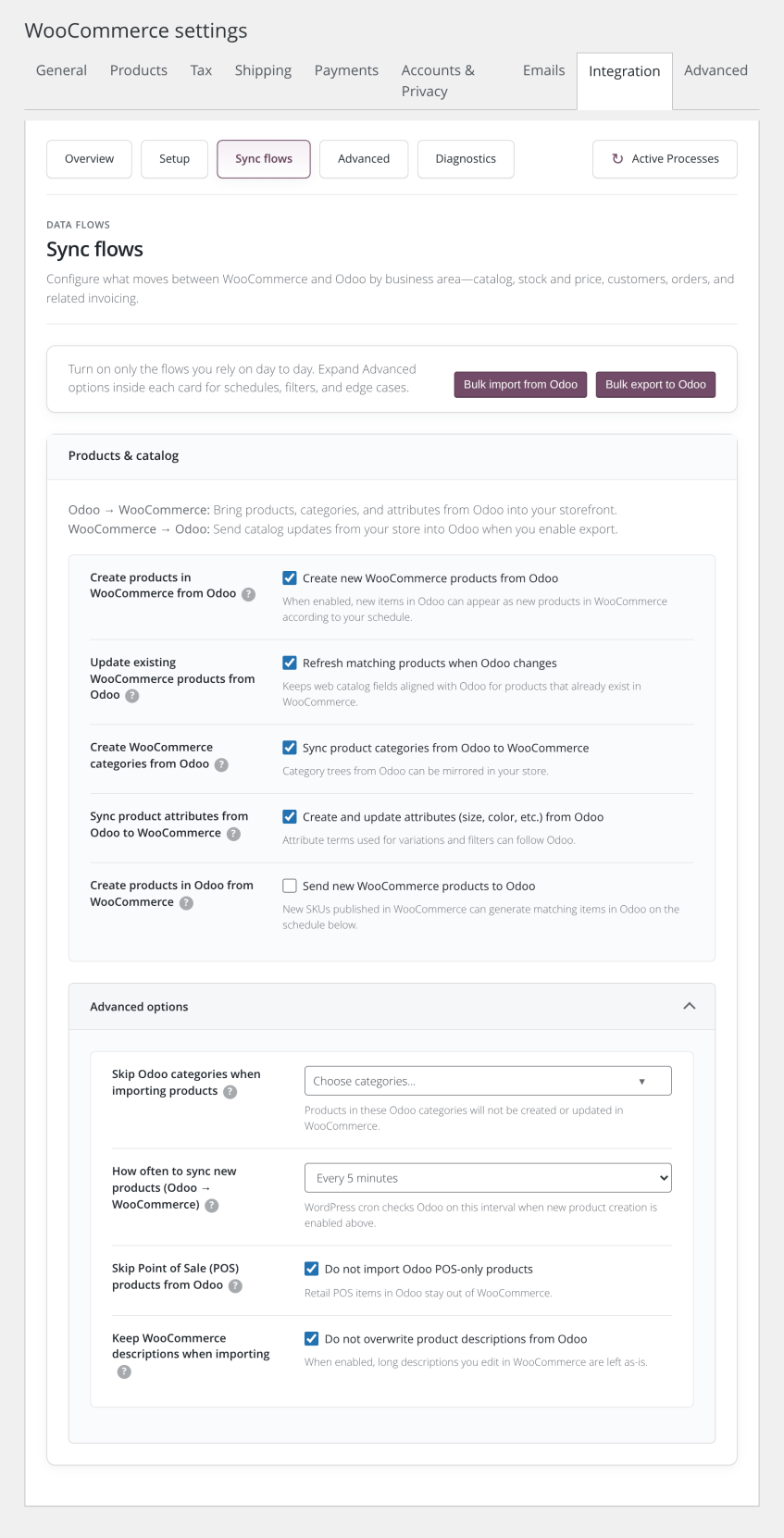 Oddo Sync flow products set-up screenshot