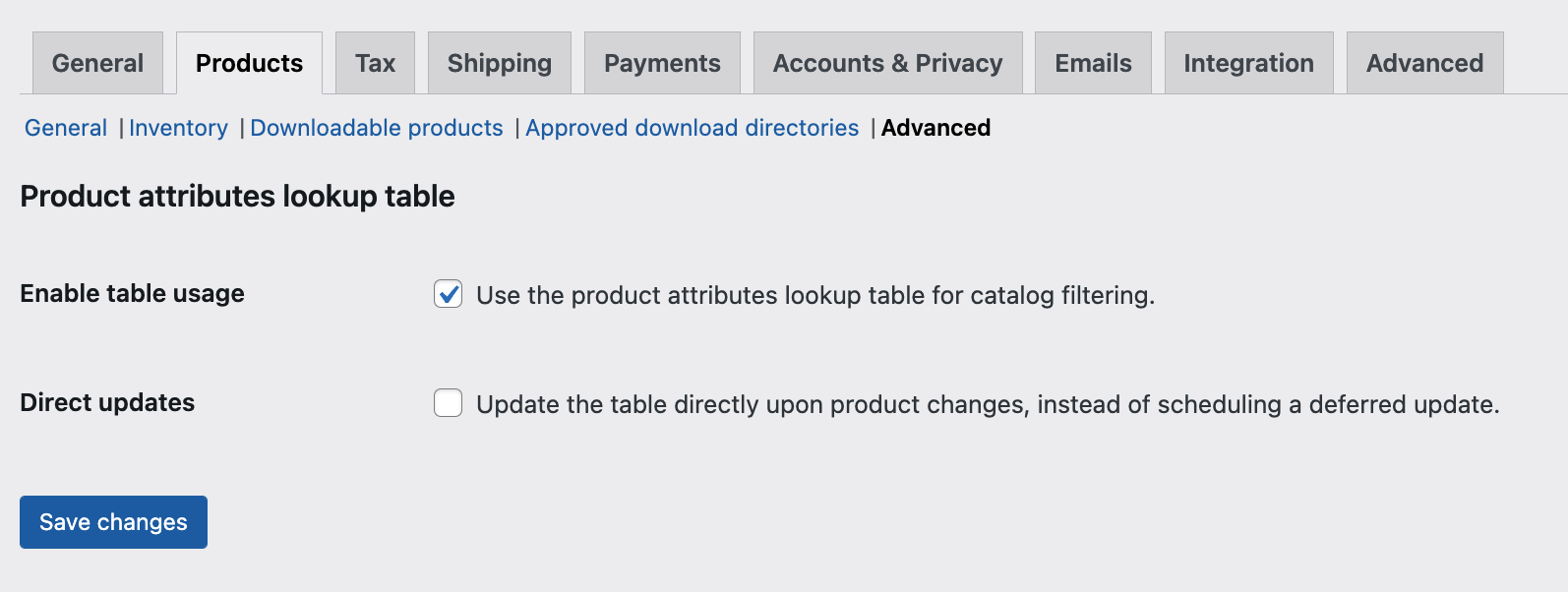 A view of the settings under WooCommerce > Settings > Products > Advanced. For most users the default settings will be fine and not needed to be tweaked. 