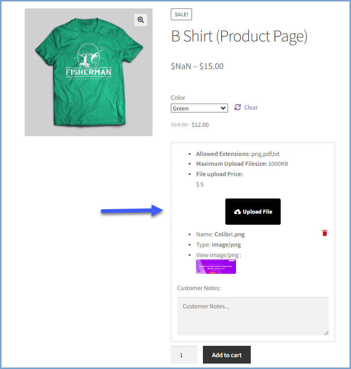 Display the upload file button on the product page