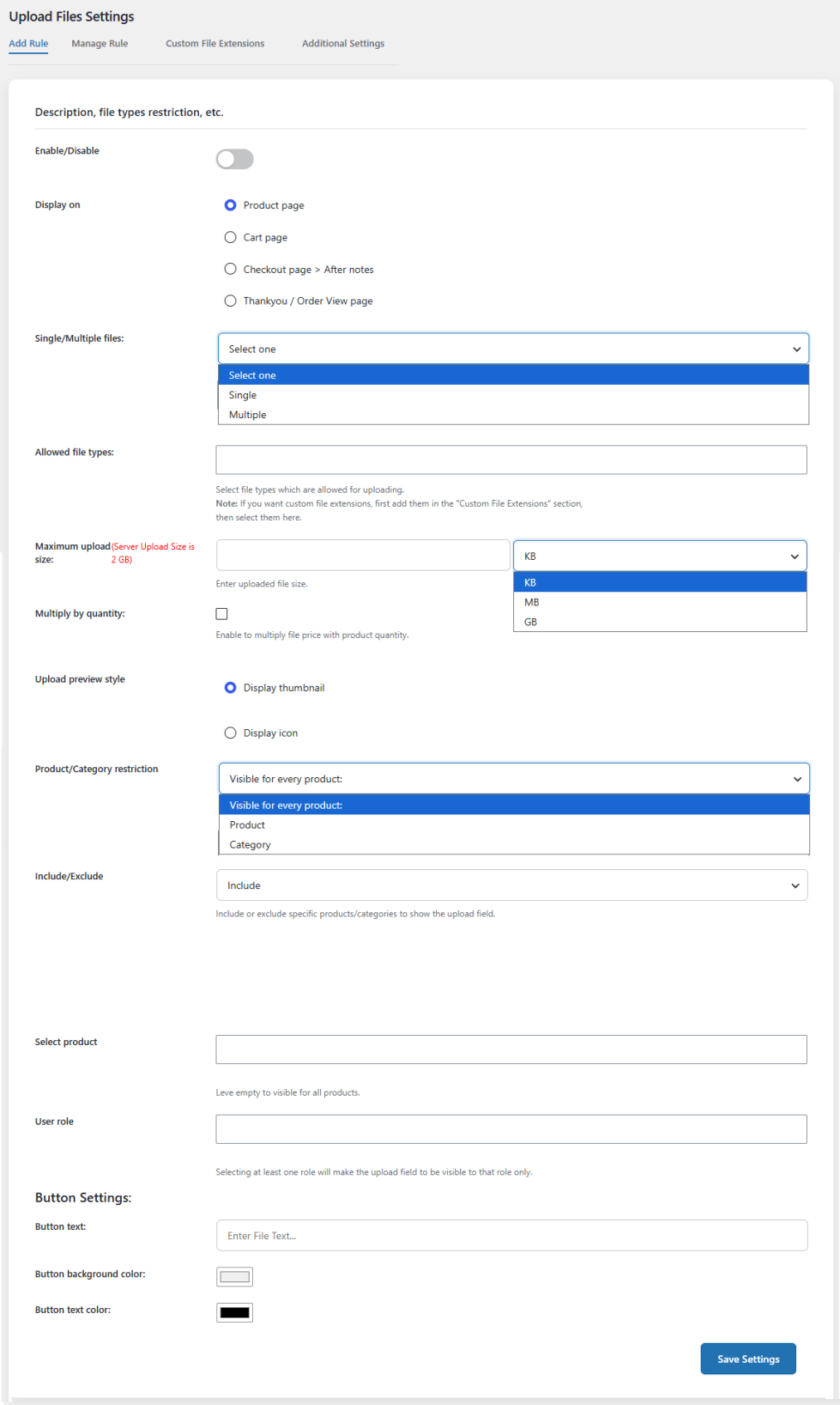 Customer Upload Files Settings