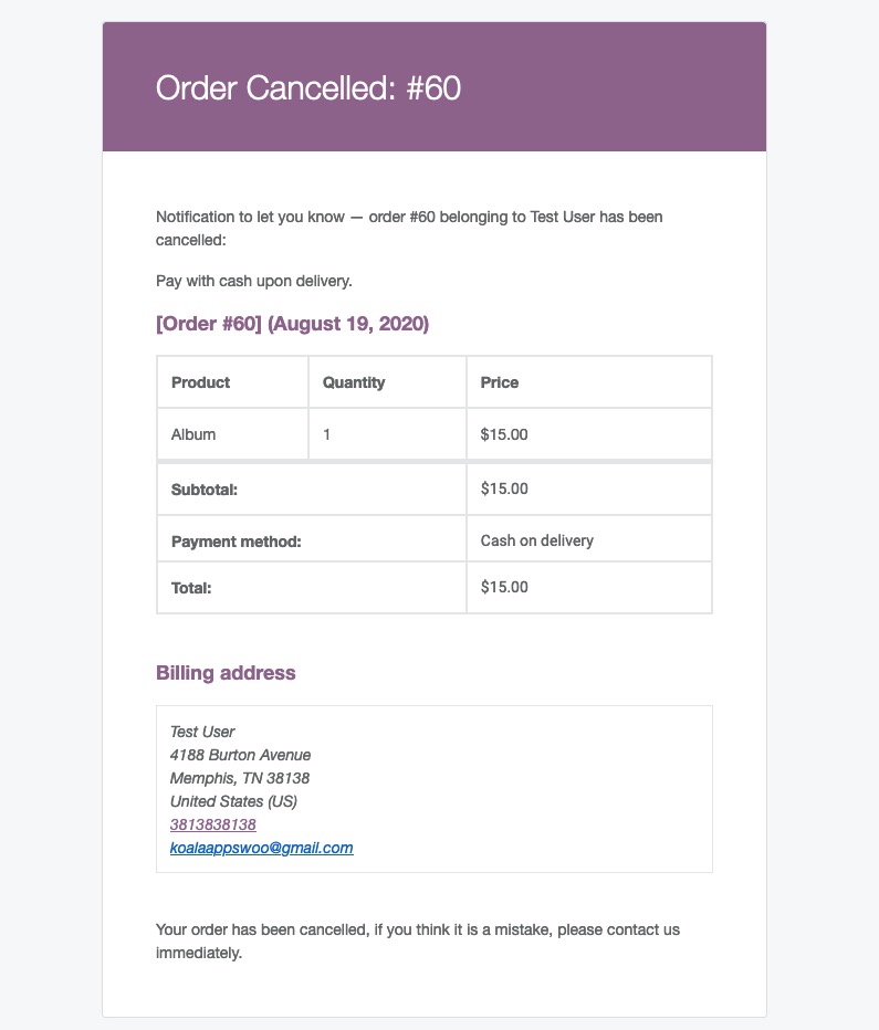 Order Cancellation Email to Customer