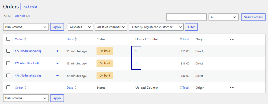 File Upload Counter in the Orders Section
