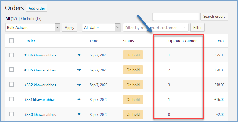 File upload counter in the orders section