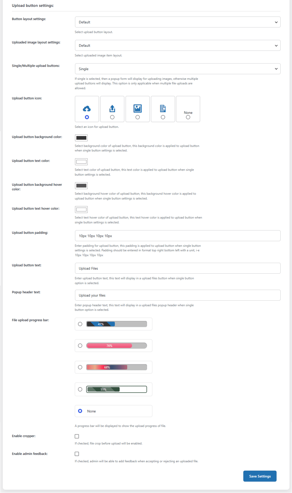 Upload button settings