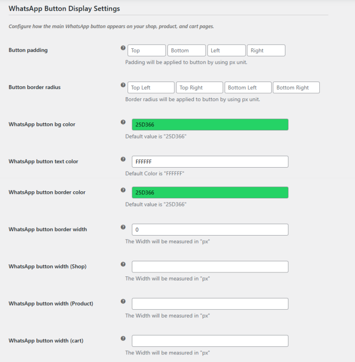 WhatsApp Button Display Settings