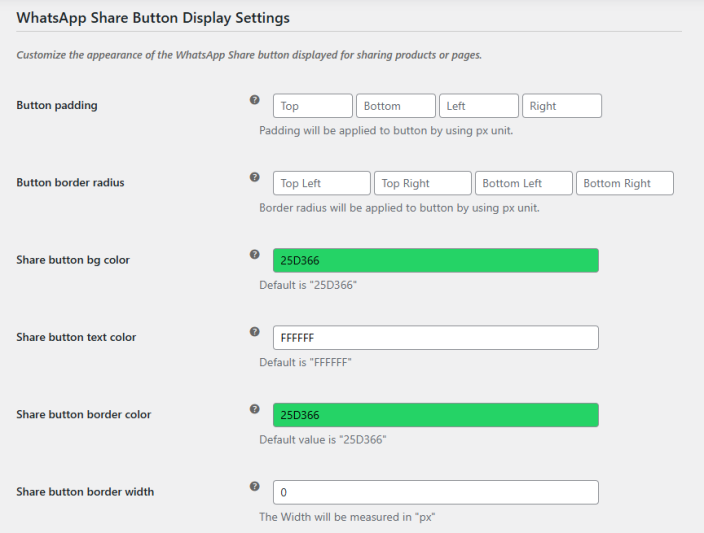 WhatsApp Share Button Display Settings