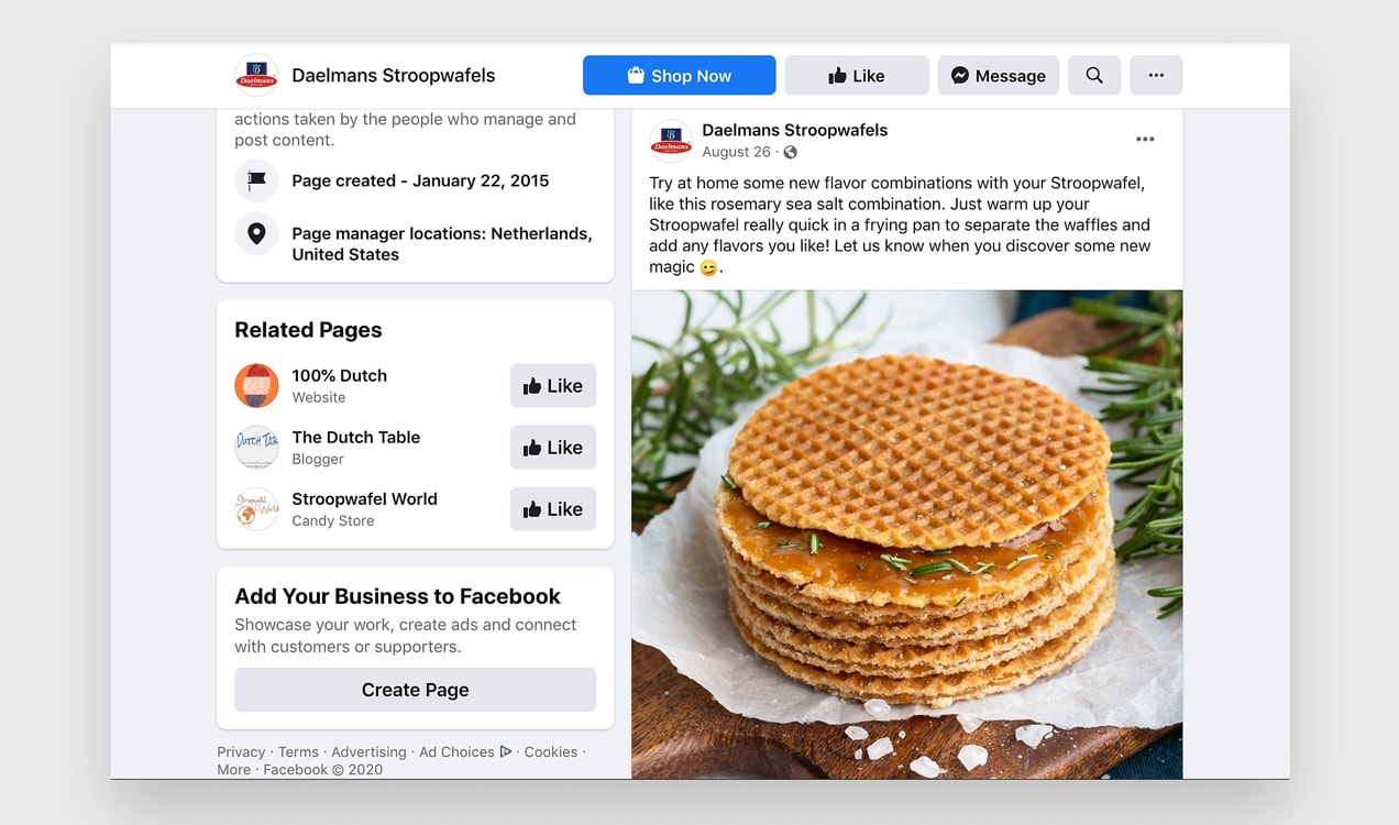 Facebook post from Daelmans Stroopwafels that gives customers ideas for how to use their product