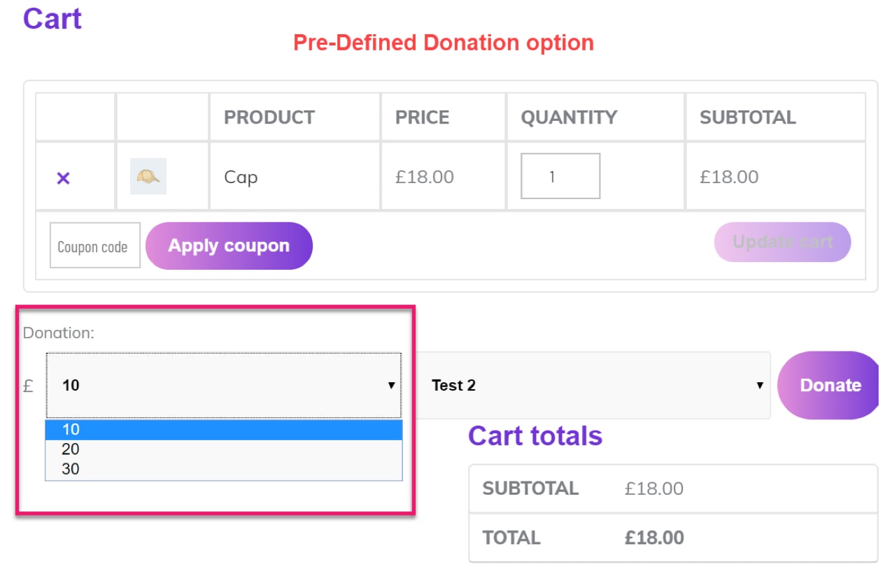 pre-set donation options at checkout