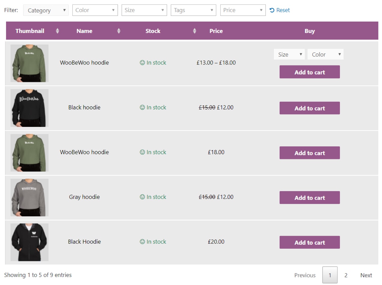 product tables with add to cart buttons