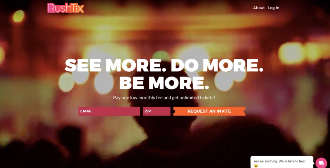 RushTix home page with a form