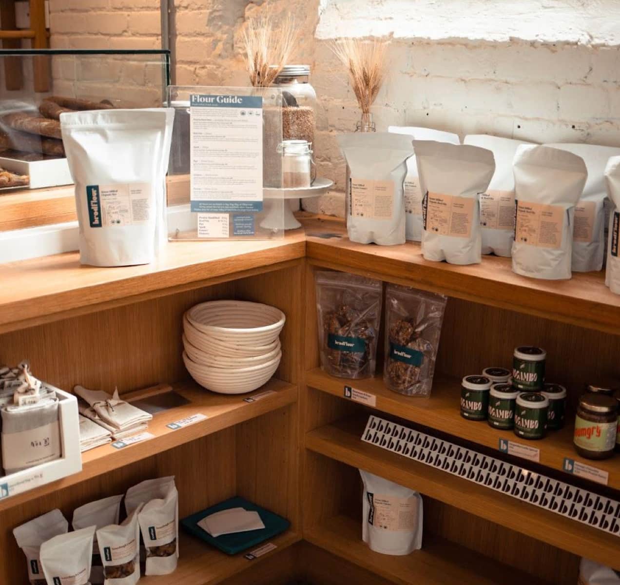 shelves in a store with packaged food items