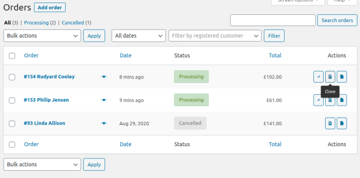 Order listing clone buttons