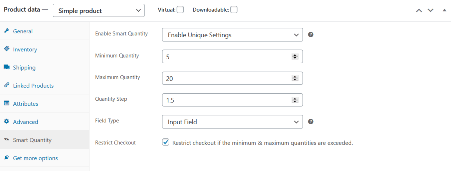 product quantity settings