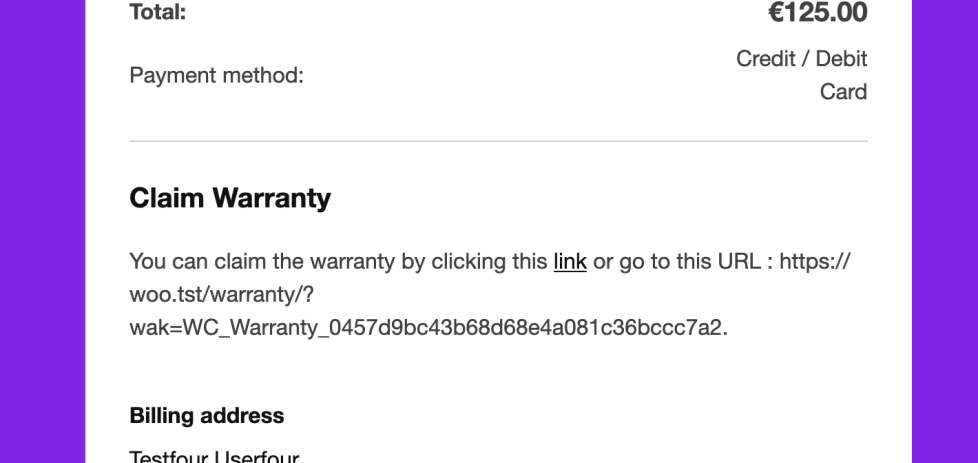 An image illustrating where the Claim Warranty section is inserted below the order total section and above the Billing and Shipping addresses.
