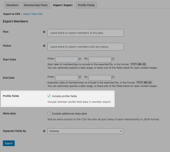 Setting to include profile fields in Memberships export.