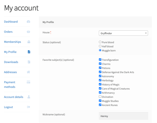 Profile fields in the member My Profile area.