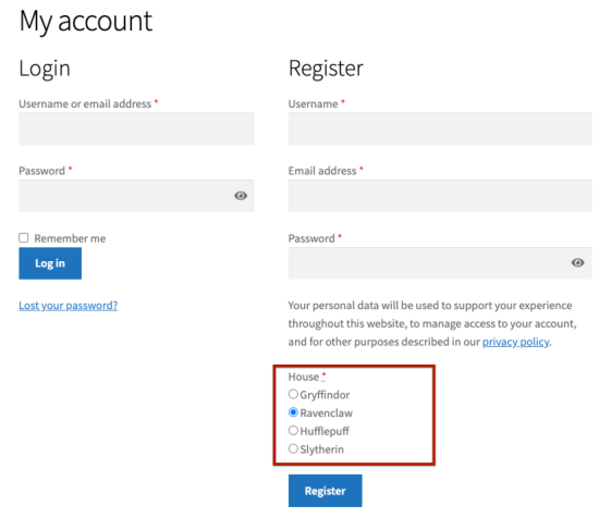 Profile field listed on the registration form.