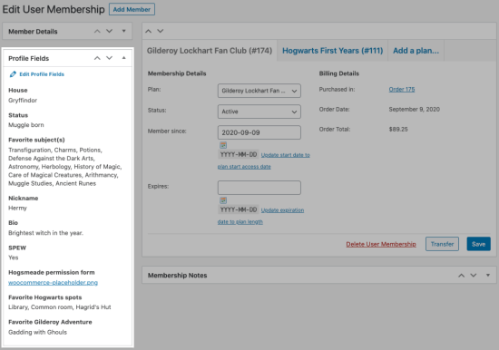 Viewing profile fields on the Edit User Membership page.