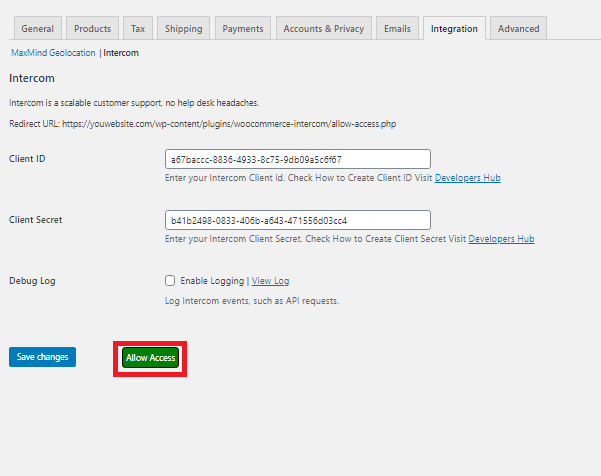 Allow access of your intercom account to integrate with WooCommerce