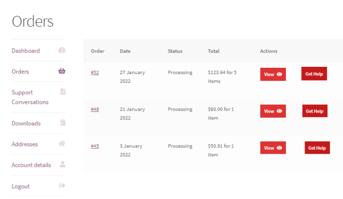 Order menu for Get Help via intercom integration- visit my Account menu