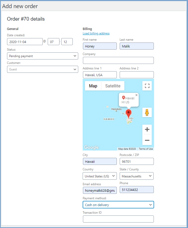 Autocomplete address in Order Details Page