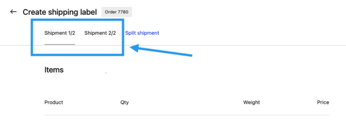 Screenshot of the Shipment links at the top of the shipping label UI that you can use to navigate between them.