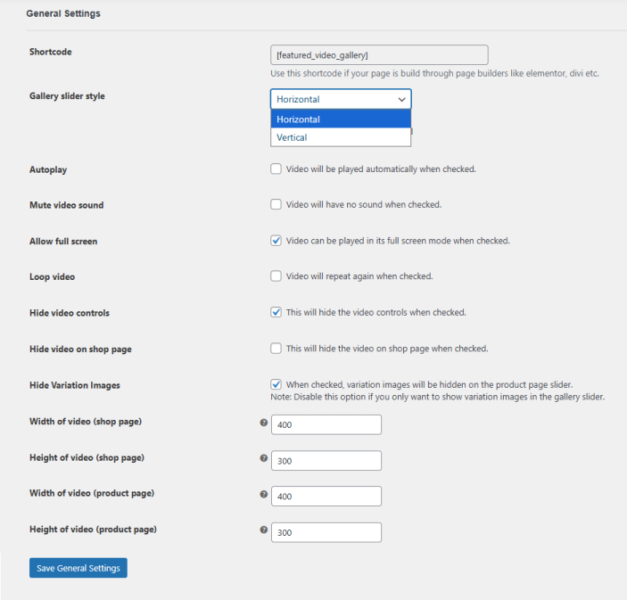 Product Featured Video General settings