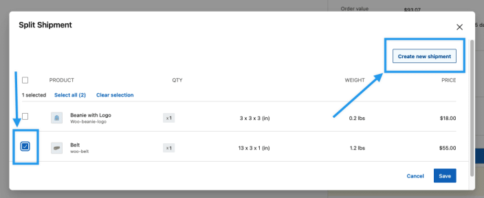 Screenshot showing how to select products and use the "Create new shipment" button.