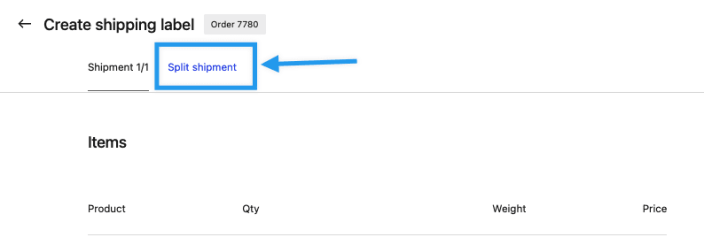 Screenshot of the "Split shipment" link at the top of the shipping label UI.