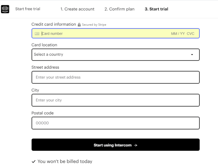 credit card and billing information for your intercom account