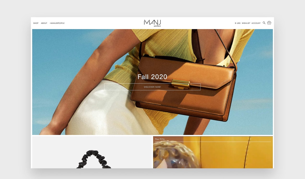 Manu Atelier website with big, luxurious photos