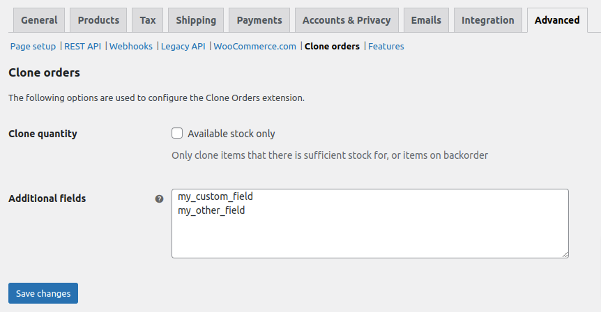 Clone orders settings screen