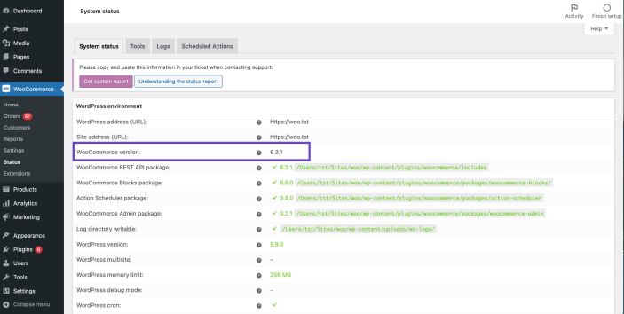 An image of the System Status Report with the version of WooCommerce highlighted